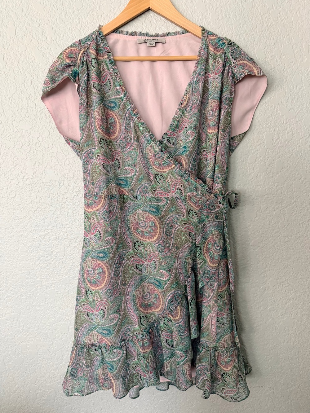AllSaints Zini Shahmini Pastel Paisley Wrap Dress in Pink and Green